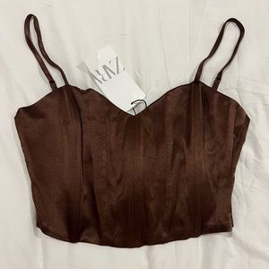 Zara Brown Satin Silk Bustier Corset Top